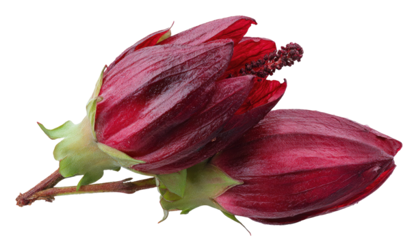 Two deep red, unopened flower buds on a dark background