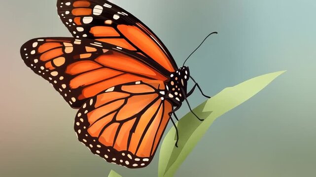A vibrant monarch butterfly with orange and black wings, perched gracefully on a green leaf against a gradient background