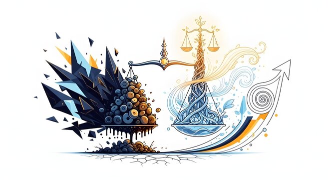 Striking balance between innovation and tradition, scales show contrast of organic growth and structured disruption, symbol of equilibrium and progress