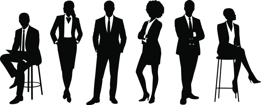 Professional business people silhouettes in formal attire, corporate team illustration, diverse office group poses for leadership, management, company branding and teamwork concepts