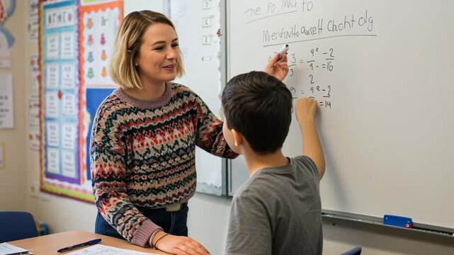 A smiling female instructor assists a young male student writing math equations on a white board in a classroom
