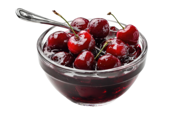 Rich, glossy cherries swim in a sweet, dark syrup, served in a glass bowl