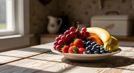 Fresh fruit plate on rustic wooden table in sunny kitchen