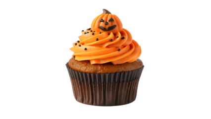 Halloween Jack-o'-Lantern Cupcake with Orange Frosting and Black Icing Face