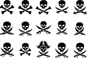 Pirate skull and crossbones vector set with crossed swords, bold black silhouette icons for adventure themes, logos, decor and designs