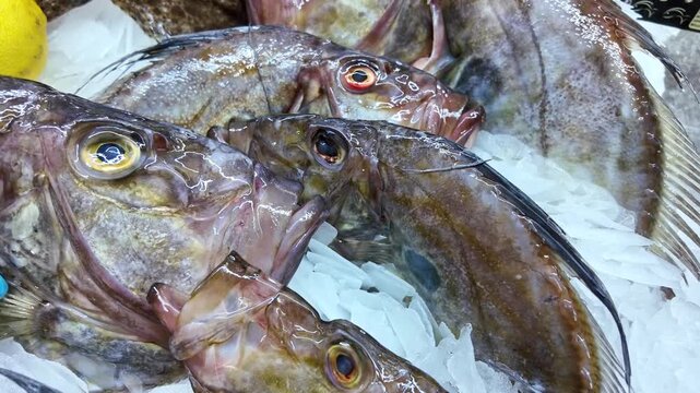 Close-up of fresh turbot and other fish on crushed ice at fish market