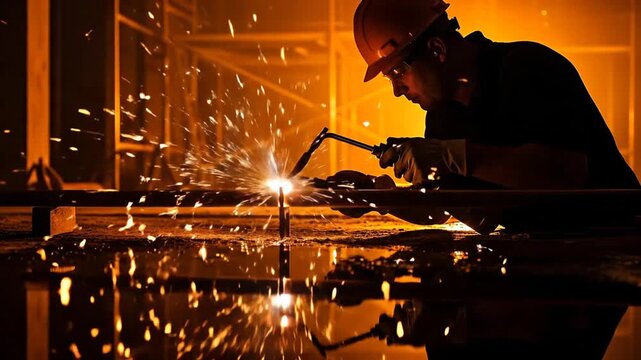 Industrial worker welding metal with sparks and protective gear