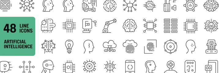 Collection of forty eight artificial intelligence line icons featuring brain, robots, neural networks, machine learning, technology symbols in minimal vector style