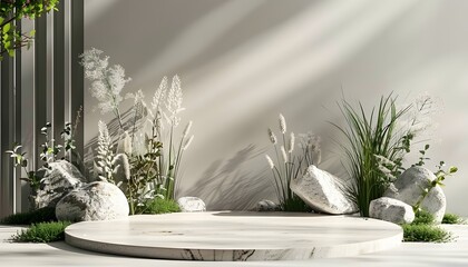 Minimalist white podium with pampas grass and stones for natural cosmetic product display