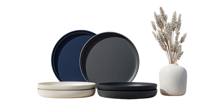 Assorted modern dinnerware plates and a dried floral arrangement