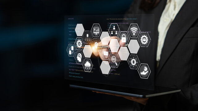 Hexagon interface combining AI, data, analytics, and cybersecurity. AI connects systems, data drives analytics, data supports decisions, and AI enables smart business infrastructure. Latch - Powered by Adobe