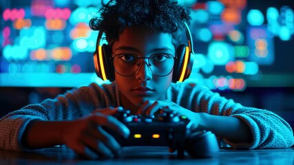 Neon gaming headset teen gamer curly hair glasses video game controller blue bokeh cyber glow focused expression gamer child boy controller neon - Powered by Adobe
