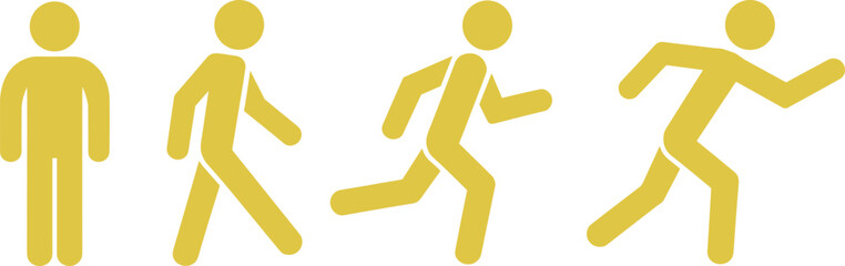 Black running sequence silhouette showing man standing, walking, jogging and sprinting motion progression, sporty human movement pictogram illustration, isolated