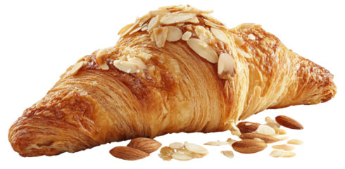 Flaky, golden croissant adorned with slivered almonds and whole nuts