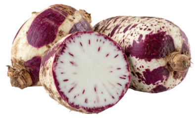 Vibrant purple and white marbled root vegetables, one sliced open