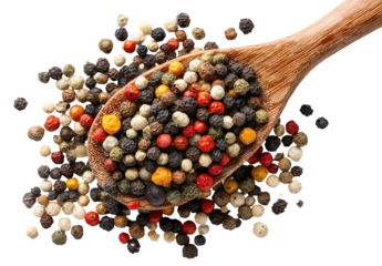 Colorful peppercorns piled on a wooden spoon, a spice variety