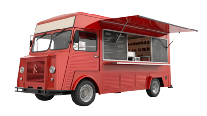 Cute Red Cartoon Food Truck with Open Serving Window and Menu Board