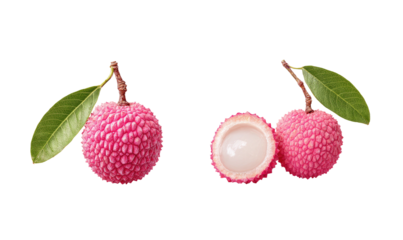 Two pinkish textured tropical fruits, one halved