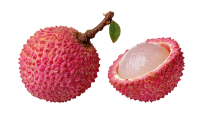 Whole and cut lychee fruit with vibrant pink rind on black background