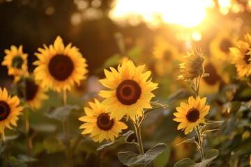 Obraz premium A vibrant sunflower field bathed in the warm glow of the setting sun, with the sun's rays casting a golden hue over the petals and leaves, creating a serene and tranquil atmosphere.