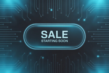 Exciting sale starting soon with glowing neon circuit board promotion, futuristic technology offers coming, shop the deals with digital savings, online event promotion