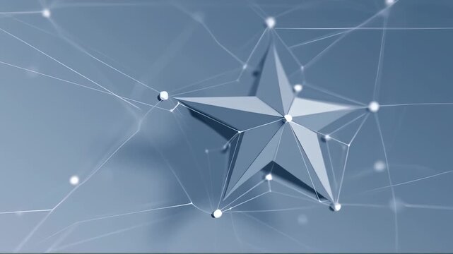 A geometric star with interconnected lines and nodes, rendered in shades of blue, creating a network