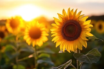 Obraz premium A vibrant sunflower field bathed in the warm glow of the setting sun, with a solitary sunflower standing tall in the foreground, its petals radiating a golden hue.