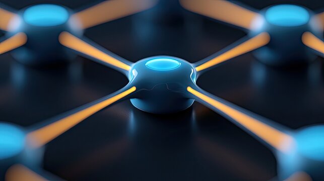 A close-up, abstract view of a dark, futuristic network. Glowing blue nodes are connected by bright orange beams, creating a sense of interconnectedness and tec