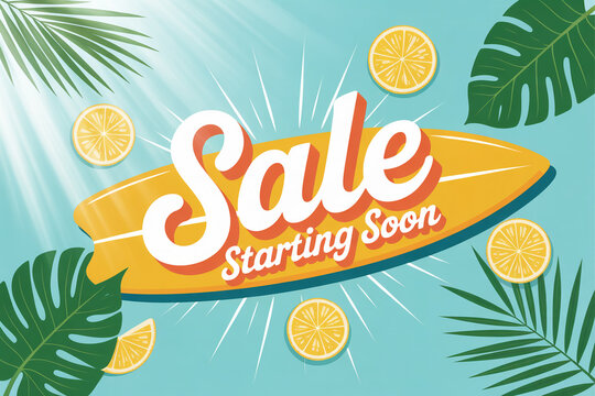 Get ready for summer savings with this vibrant sale announcement featuring a surfboard, citrus slices, and tropical leaves, perfect for beachy vibes and refreshing promotions