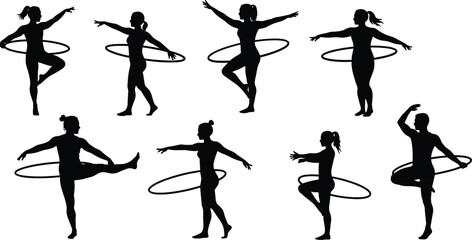 Black silhouettes of people performing hula hoop exercises and poses on white background
