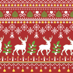 Christmas seamless pattern with deer Cross stich and snowflakes for winter holiday greeting card background decoration