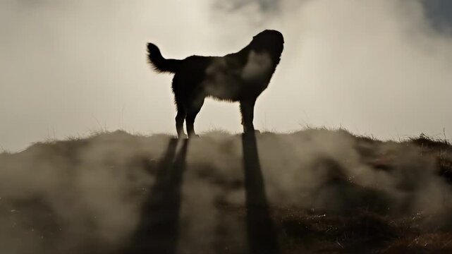 alaskan bear dog - A silhouette of a lone dog standing atop a foggy hill, with long shadows stretching behind it, creating a dramatic and serene atmosphere in the landscape