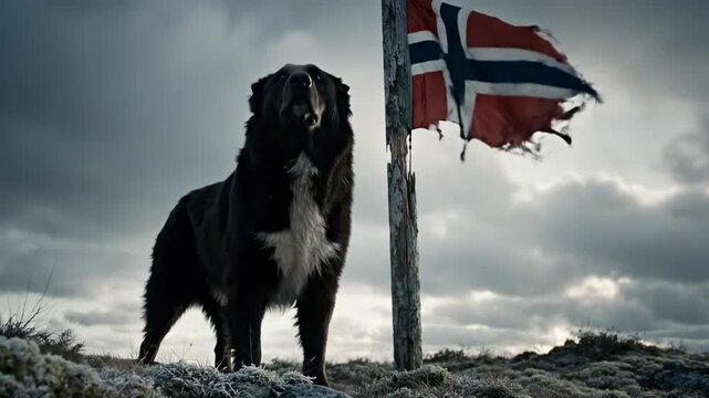 alaskan bear dog - A solemn black dog stands near a weathered flagpole with a tattered Norwegian flag, set against a dramatic sky filled with dark clouds and rugged terrain