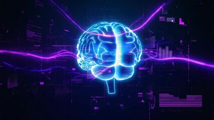 Neon glowing human brain surrounded by flowing digital energy waves on dark background, symbolizing artificial intelligence, innovation, neural networks, and advanced thinking technology concepts. - Powered by Adobe