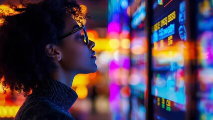 Neon light urban night reflection profile with curly hair and glasses near screen, bokeh city scene and cyberpunk technology vibe for nightlife focus