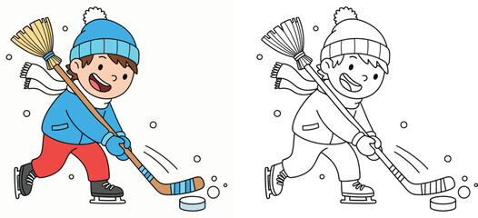 Happy cartoon boy playing ice hockey on skates with puck, vector illustration including black and white coloring page outline for children education and winter sport activity.