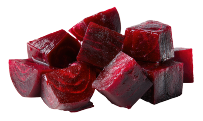 Ruby red beet cubes, moist and vibrant, isolated on black