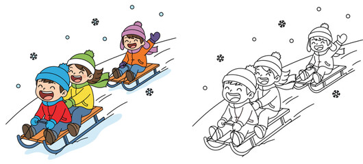 Happy cartoon children sledding down a snowy hill in winter vector illustration featuring black and white coloring book page outline for kids educational activity and leisure fun. © AbuNazam