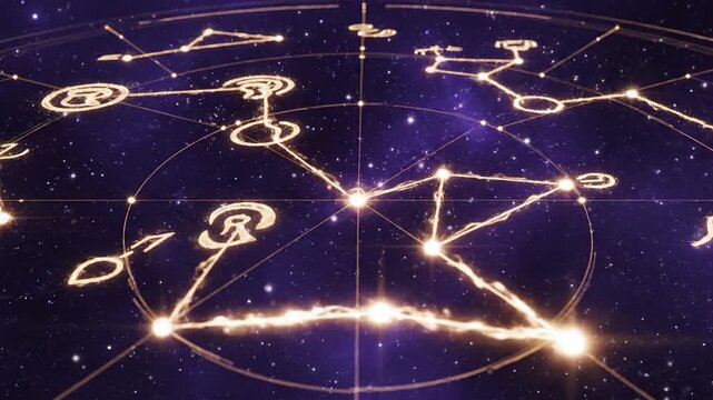 Abstract celestial map depicting constellations and zodiac symbols against dark background
