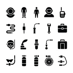 Minimalist Solid Black Diving & Underwater Exploration Equipment Icon Set