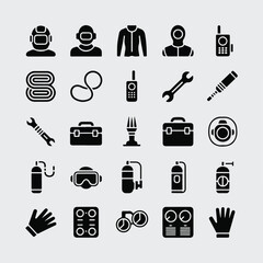 Minimalist Solid Black Diving & Underwater Exploration Equipment Icon Set