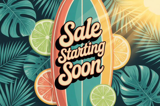 Summer sale is starting soon with tropical vibes, citrus fruits and a surfboard, perfect for your next promotional campaign or social media post to boost engagement