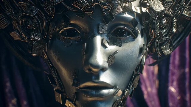 Striking metallic face, intricately designed with cybernetic components, capturing the essence of advanced artificial intelligence and a digitally enhanced, mysterious future