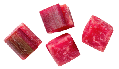 Four pink, cubic-cut mineral samples with striated texture