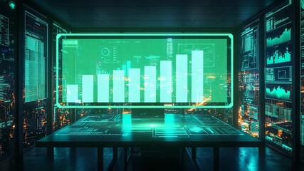 Futuristic office interior with holographic data panels and digital charts overlooking night city skyline, technology, innovation, cyber security, artificial intelligence and modern business analytics - Powered by Adobe