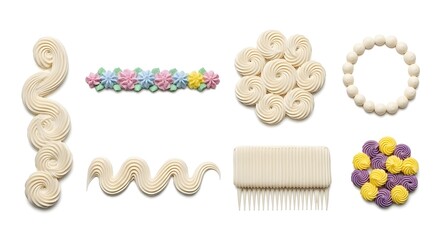 Set of various piped frosting cream decorations isolated for cake and cupcake design isolated PNG with Transparent Background