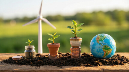 Symbolic image of plants growing on coins next to a globe with a wind turbine, representing green investment, sustainable development, and a brighter futur