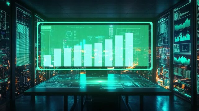 Futuristic office interior with holographic data panels and digital charts overlooking night city skyline, technology, innovation, cyber security, artificial intelligence and modern business analytics - Powered by Adobe