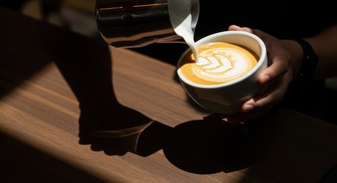 Closeup of barista pouring milk into a cup of coffee to create latte art on a wooden counter in a cafe with sunlight