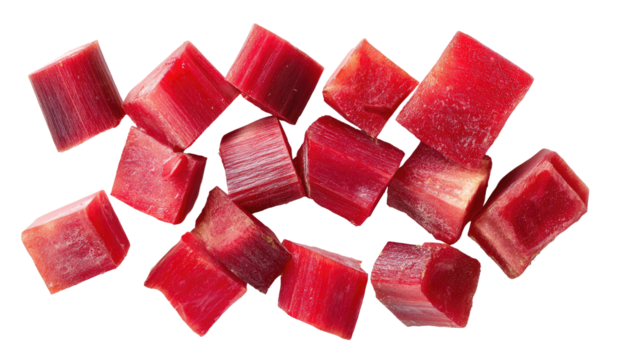 Chopped pieces of vibrant red and pink plant stalks, isolated